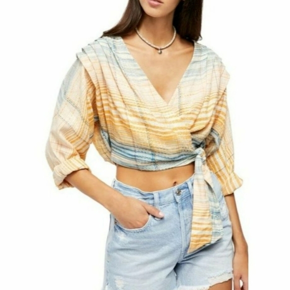 Free People Maldives Stripe Surplice Wrap Top Size Medium Cotton - Picture 1 of 7
